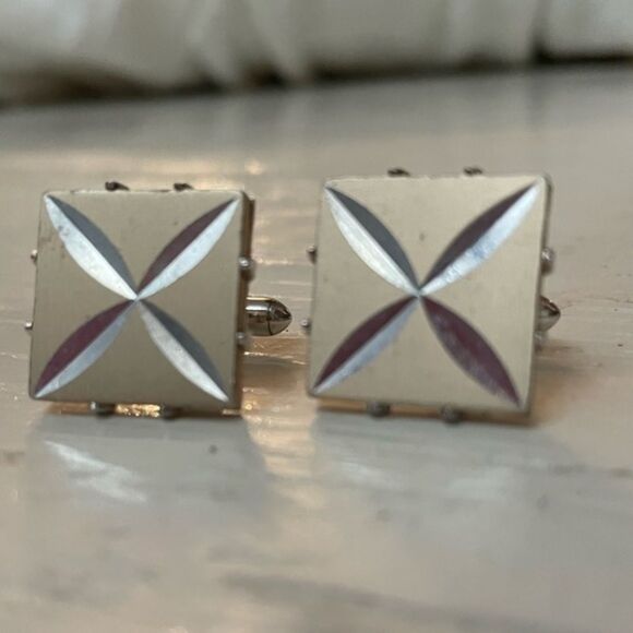Vintage Mid-century 1950s Swank gold w/silver Atomic pattern square cuff links - Picture 1 of 12